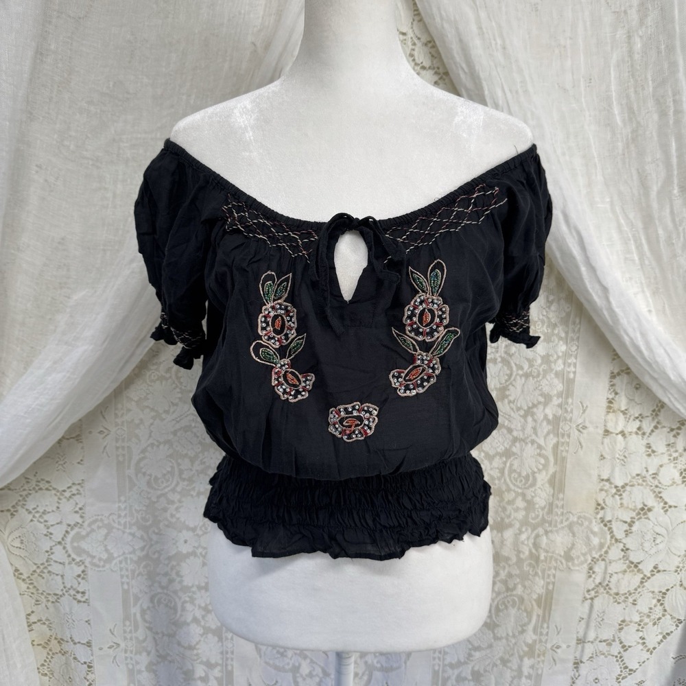 Vtg Y2K Beaded Boho Crop Top L Dark Cottage Indie Grunge Whimsigoth Off Shoulder